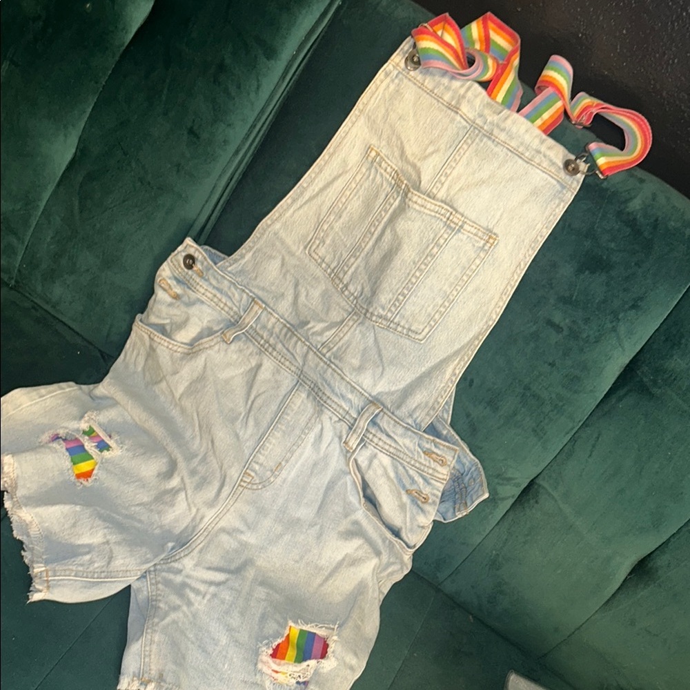 Light Denim Overalls with Rainbow Accents